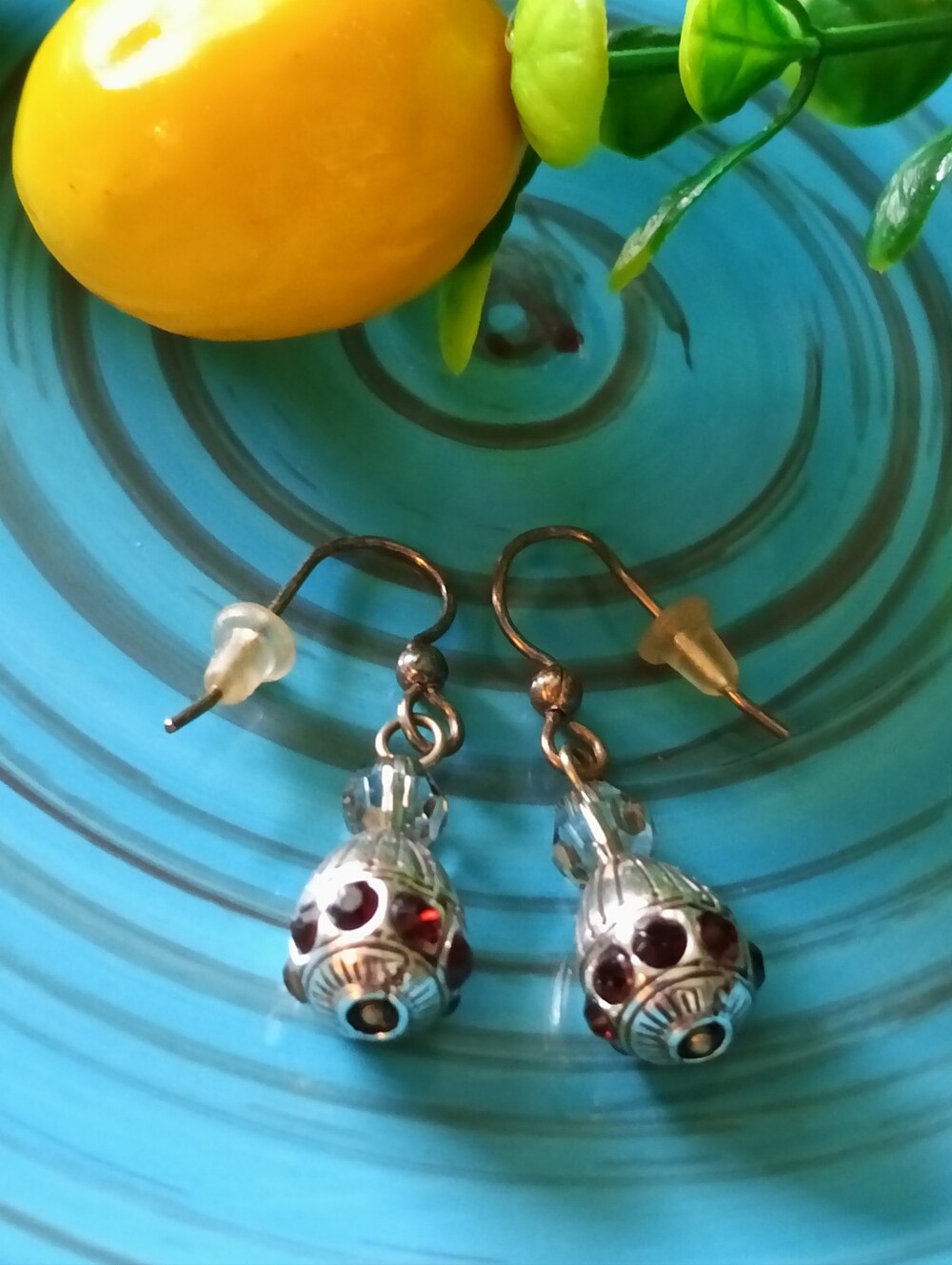 Silver Garnet Stone Ball Dangle Earrings (1 1/4" L)